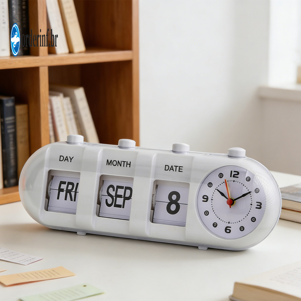 Decorative Flip Calendar Office Desktop Vintage Desk with Clock Digital Alarm – Day Month Date Display for Home Decor