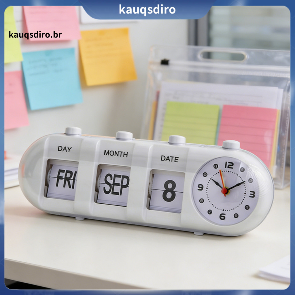 Scandinavian Design Calendar Home Office Vintage Flip Desk with Clock Digital Alarm – Day Month Date Display for Decor