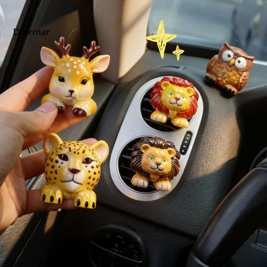 Mini Car Ornament for Air Vent Cute Animal Freshener Clip with Aroma Pad – Resin Lion Leopard Deer Owl Dashboard for S
