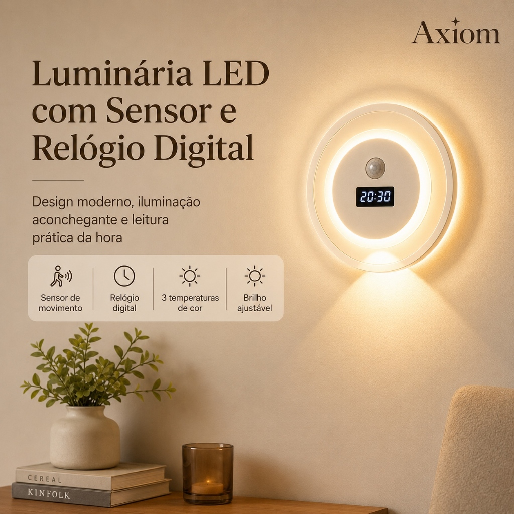 Luz de Noite LED com Sensor Movimento Axiom Relógio Digital Inteligente Dimerizável 3 Cores