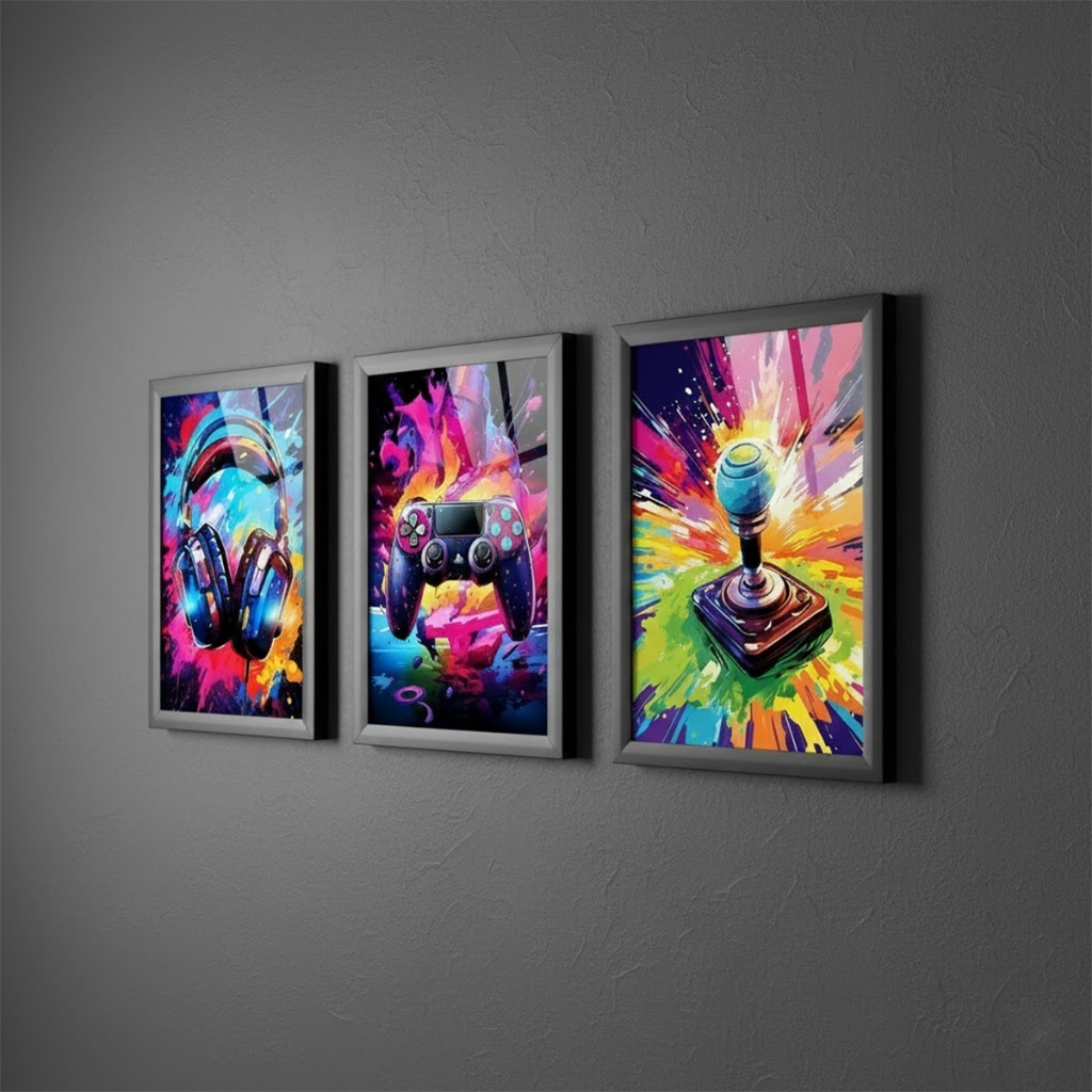 Kit 3 Quadros 18x24 Cm Quarto Gamer Fone Controle Neon