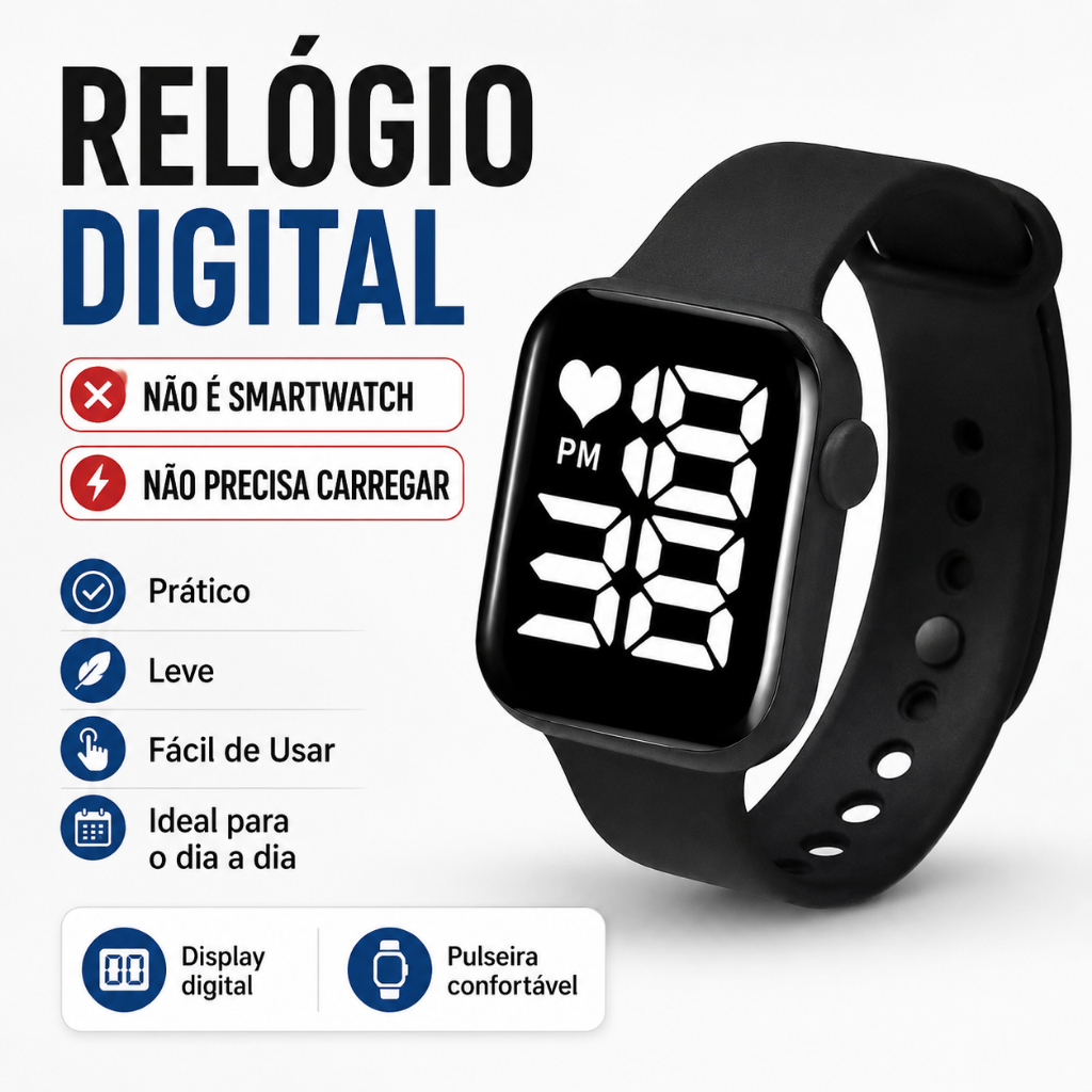 Relógio Digital Sport Led Básico Esportivo Unissex - Visor LED Moderno com Pulseira Ajustável para Corrida e Academia