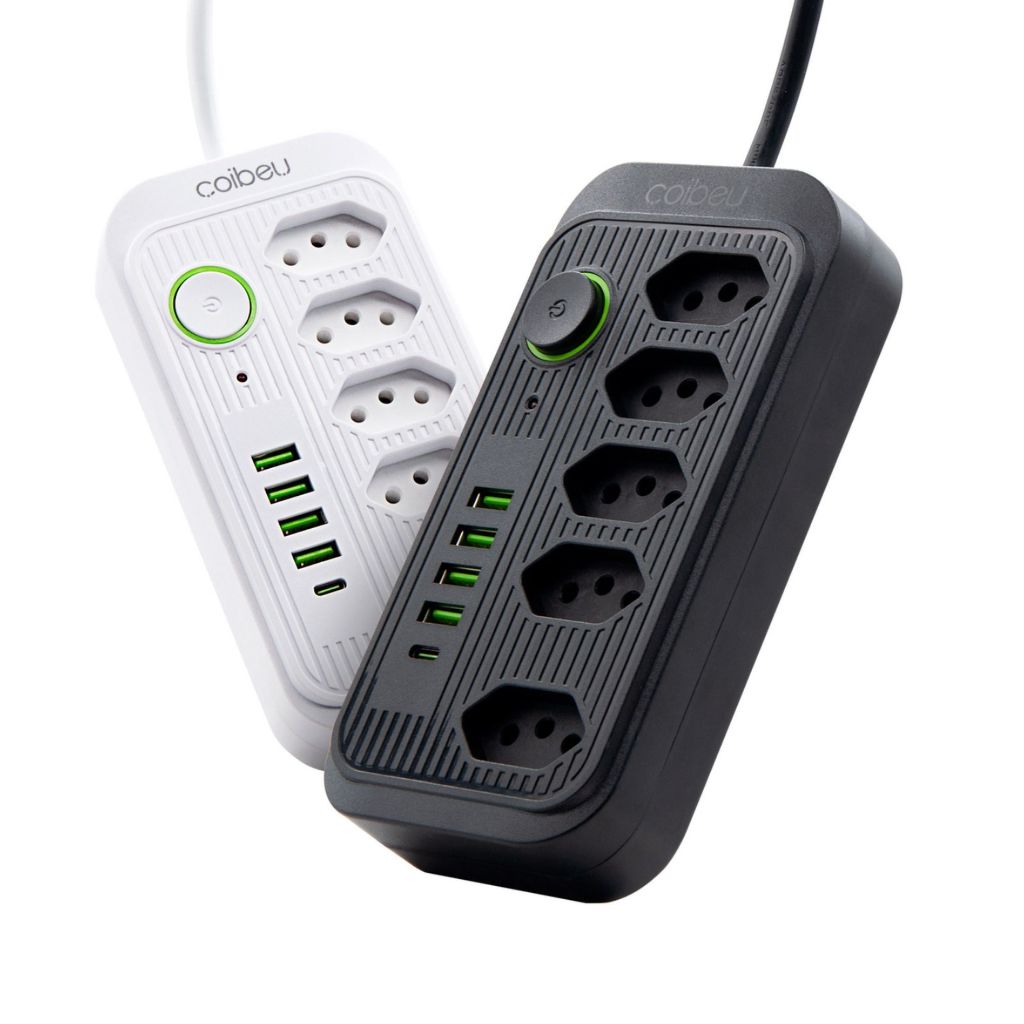 Extensão Elétrica 5 Metros com 5 Tomadas 4 Entradas USB 1 Entrada USB-C Multiplug Bivolt Cabo Reforçado Carregador Rápid