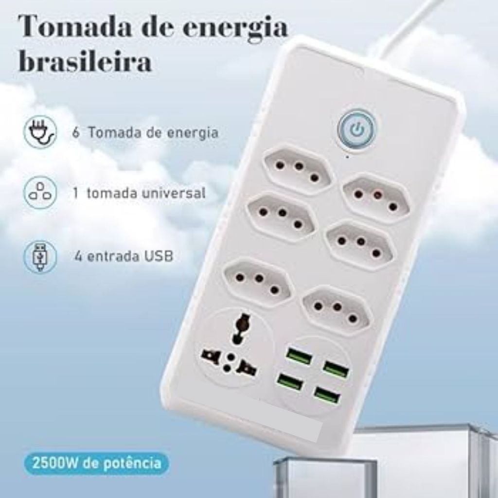 Filtro de Linha 6 Tomadas Normais 4 Entradas USB 1 Tomada Universal Extensão Energia Elétrica Carregador Múltiplo