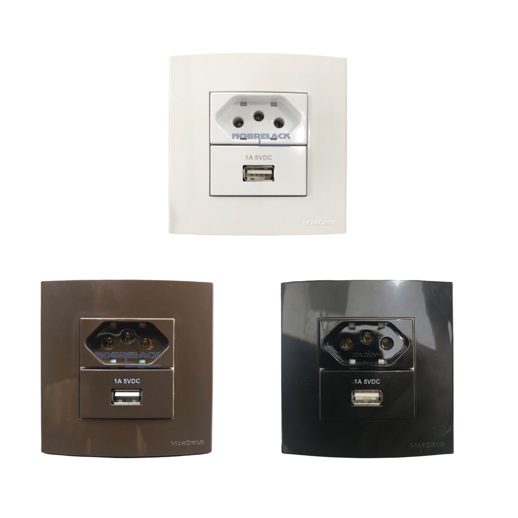 Tomada 10A Carregador Usb 1a Embutir Móveis Granito Drywall Pedras Branca Marrom Preta Margirius