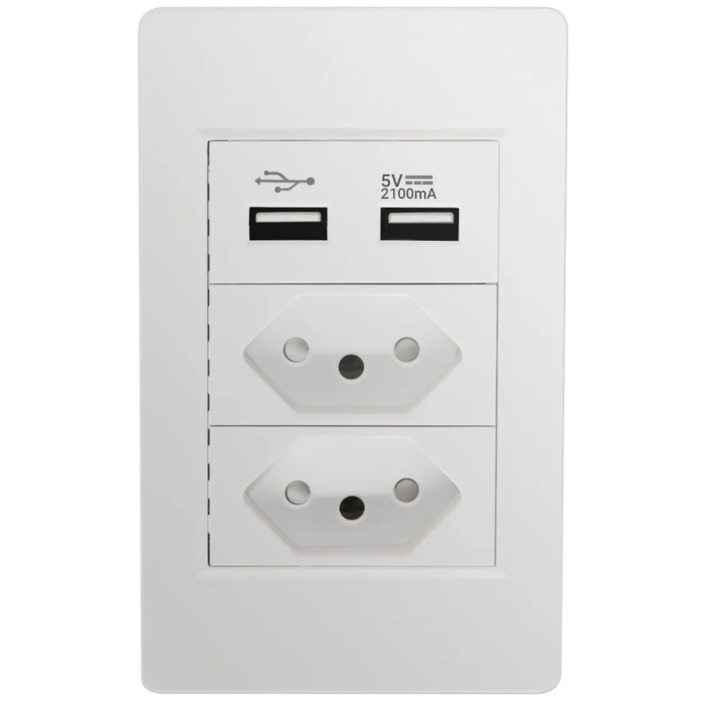Tomada de Parede com 2 Entradas USB Bivolt Carregador Universal 10A