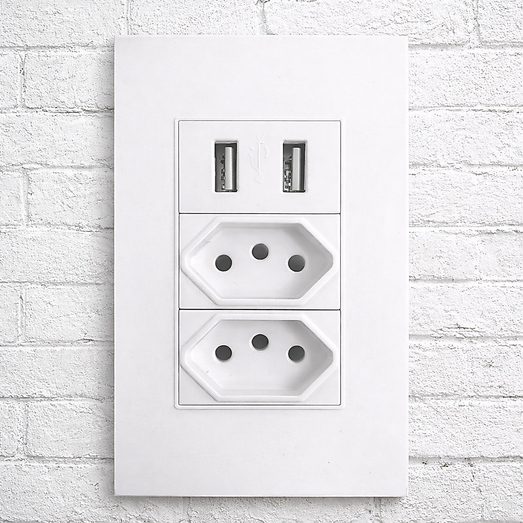 Tomada de Parede Universal Bivolt com 2 USB Adaptador Energia Carregador Dispositivos Celular Tablet