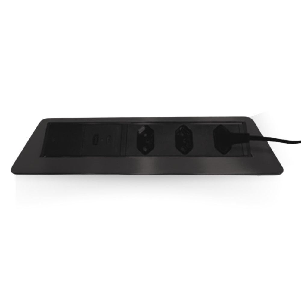 Caixa De Tomada Pix Iluminação com  3 Tomadas 2 USB Preta 20A Bivolt 3500W Carregador Energia