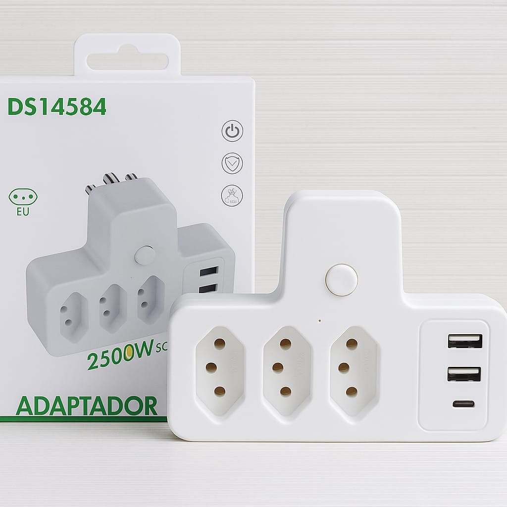 Conector De Extensão 10A  2500W 3 e 4 Janelas Plug + Porta USB e Tipo C Carregador Potente P.HQ