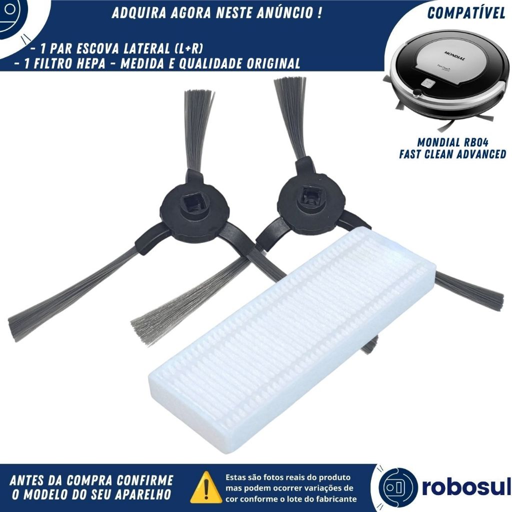 Par Escova Lateral e Filtro Hepa Para Robô Aspirador Mondial Fast Clean Advanced RB04 RB-04