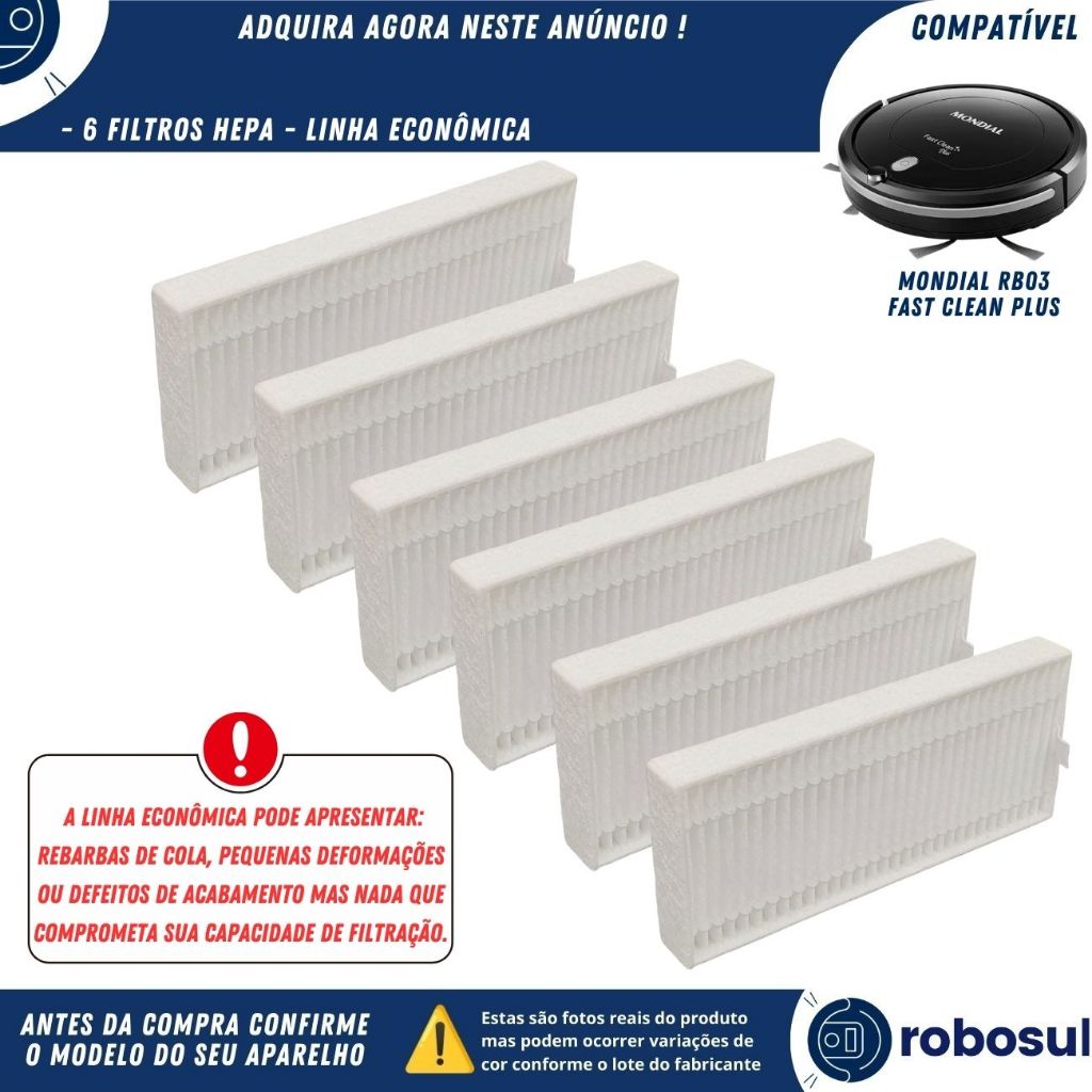 Kit 6 Filtros Para Robô Aspirador Mondia Fast Clean Plus RB03 RB-03 - Linha Economica