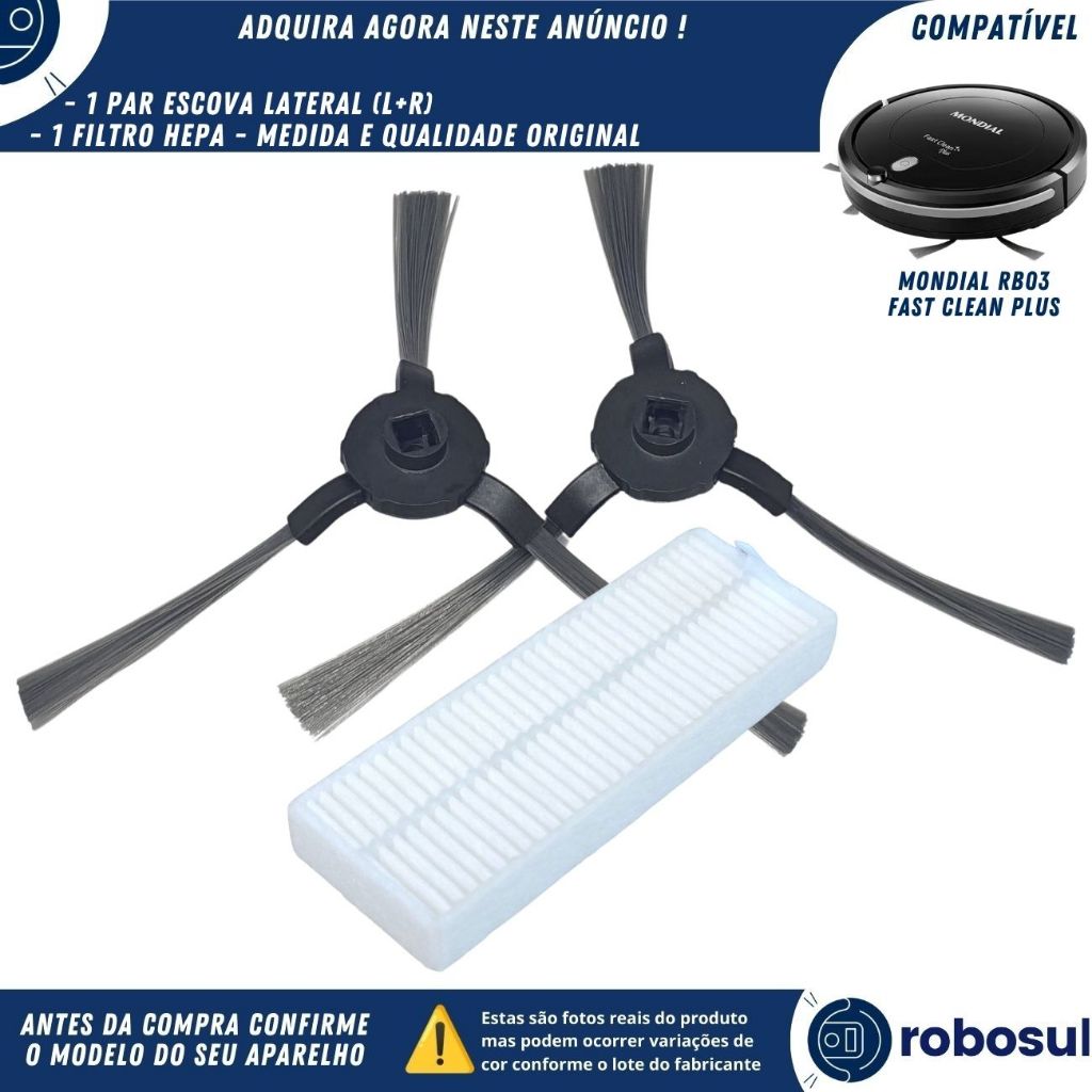 Par Escova Lateral e Filtro Hepa Para Robô Aspirador Mondial Fast Clean Plus RB03 RB-03