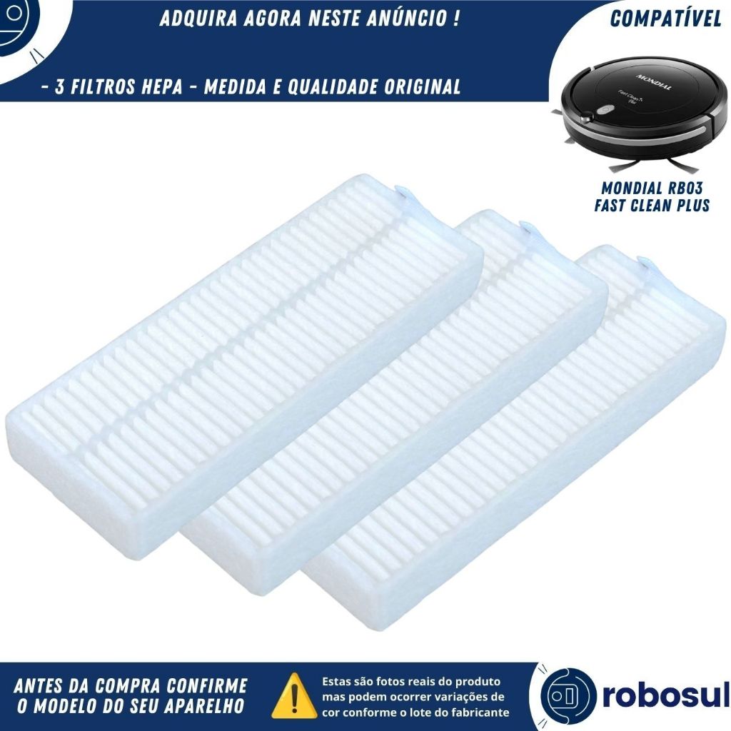 kit 3 Filtros Hepa Para Robo Aspirador Mondia Fast Clean Plus RB03 RB-03
