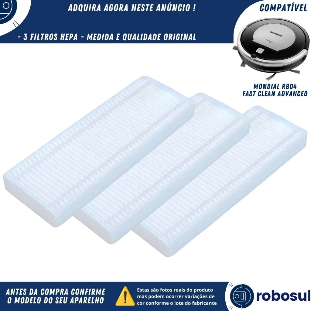 Kit 3 Filtros Hepa Para Robô Aspirador Mondial Fast Clean Advanced RB04 RB-04
