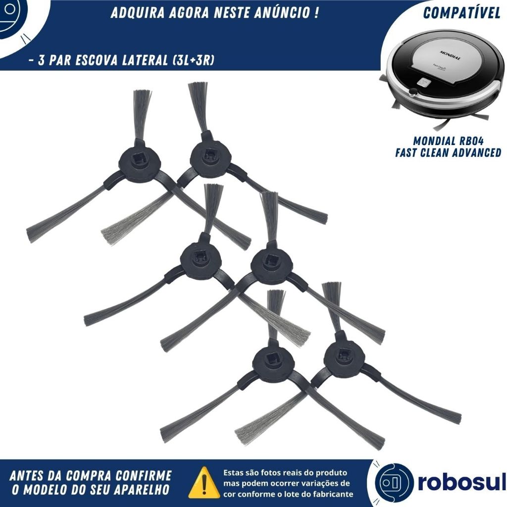 Kit 3 Pares De Escova Lateral Para Robô Aspirador Mondial Fast Clean Advanced RB04 RB-04