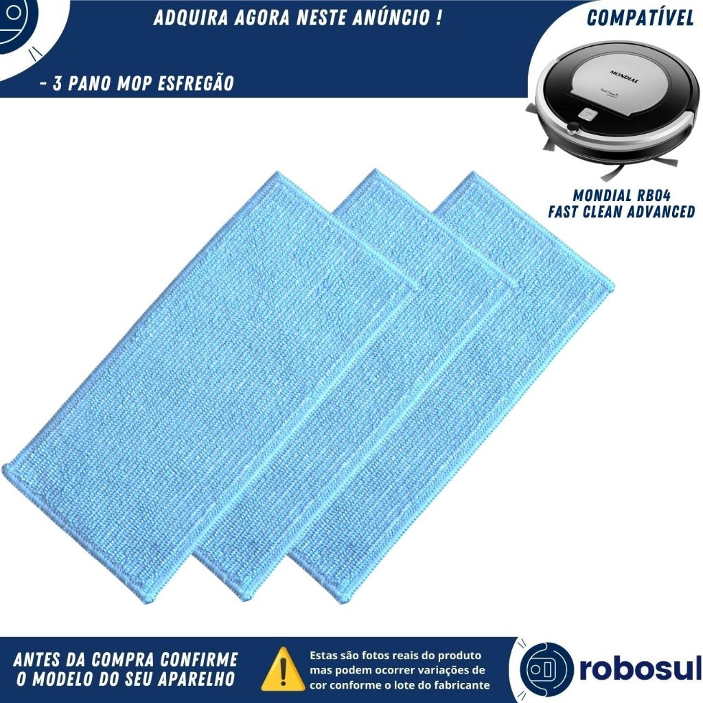 Kit 3 Panos Mop Esfregão Para Robô Aspirador Mondial Fast Clean Advanced RB04 RB-04