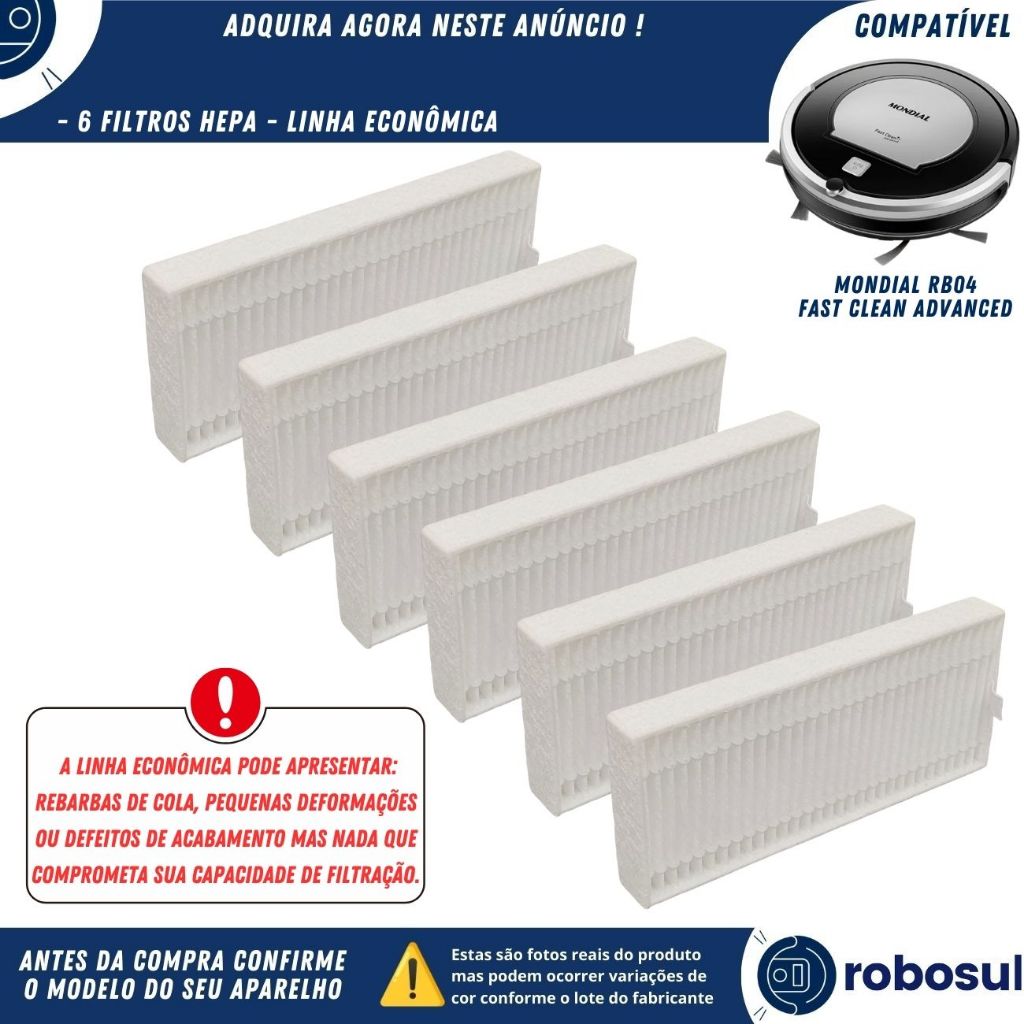 Kit 6 Filtros Para Robô Aspirador Mondial Fast Clean Advanced RB04 RB-04 - Linha Econômica