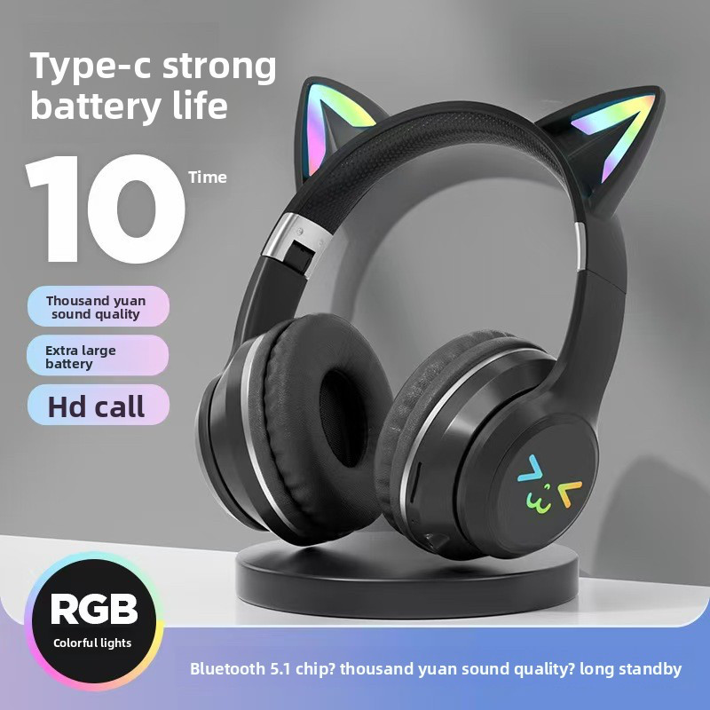 BT618 Fones de Ouvido RGB Orelhas de Gato Fofas, Modelo Headset Montado na Cabeça, Fones Bluetooth Sem Fio com Longa