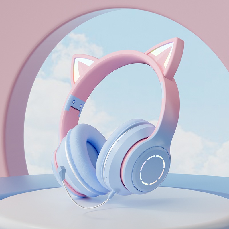 Orelha De Gato Bluetooth/Fones De Ouvido Com Fio Dobrável RGB Sem HIFI Música Microfone Para Telefone