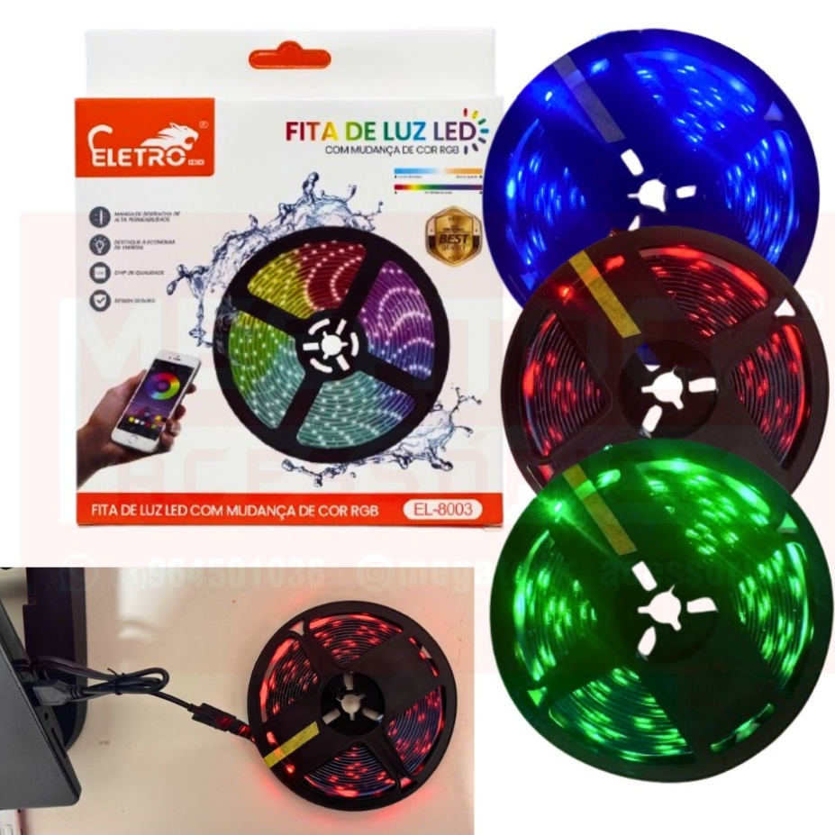 Fita LED RGB com 5M de Iluminação Personalizável – Controle por Smartphone, Múltiplos Modos de Cor, Uso Interno e Extern