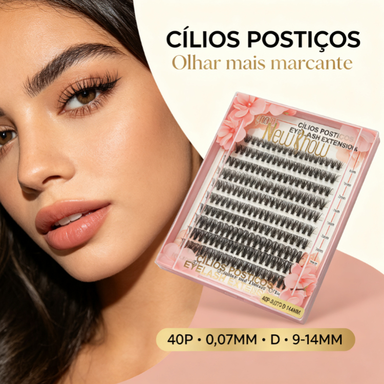 Cílios postiços em tufos densos 40P fibra fina 0,07mm curvatura D tamanho misto 9‑14mm