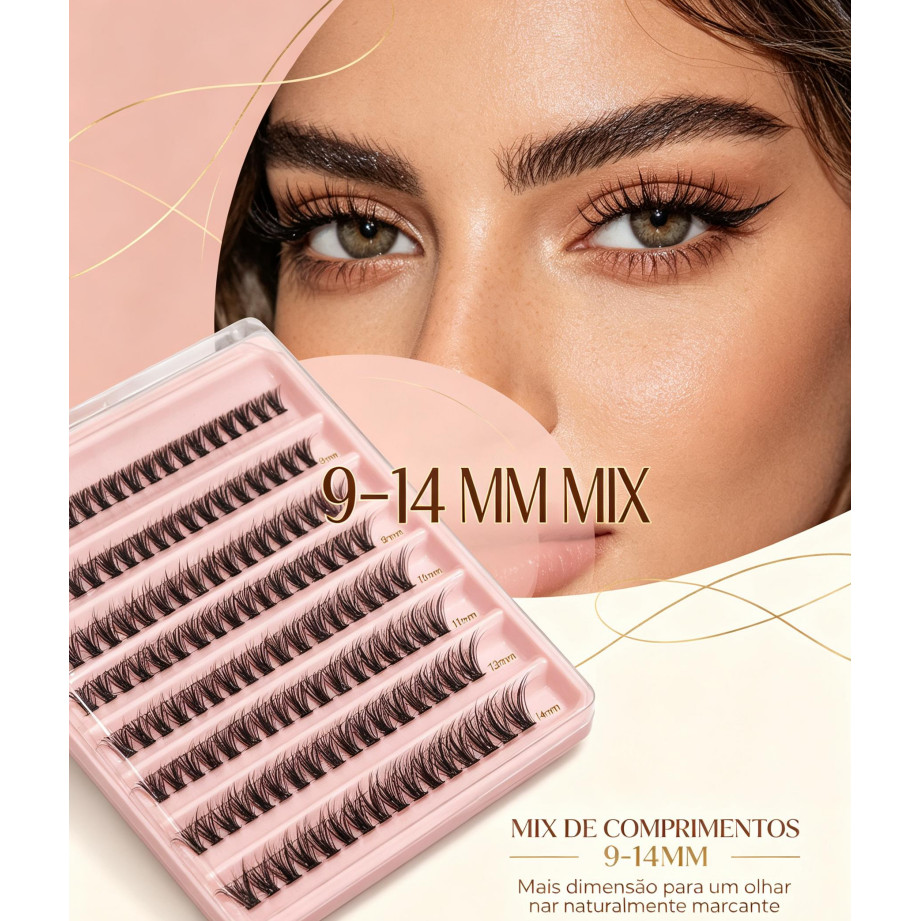 Cílios postiços volume fio a fio D curl comprimento misto 9‑14mm fios finos e naturais