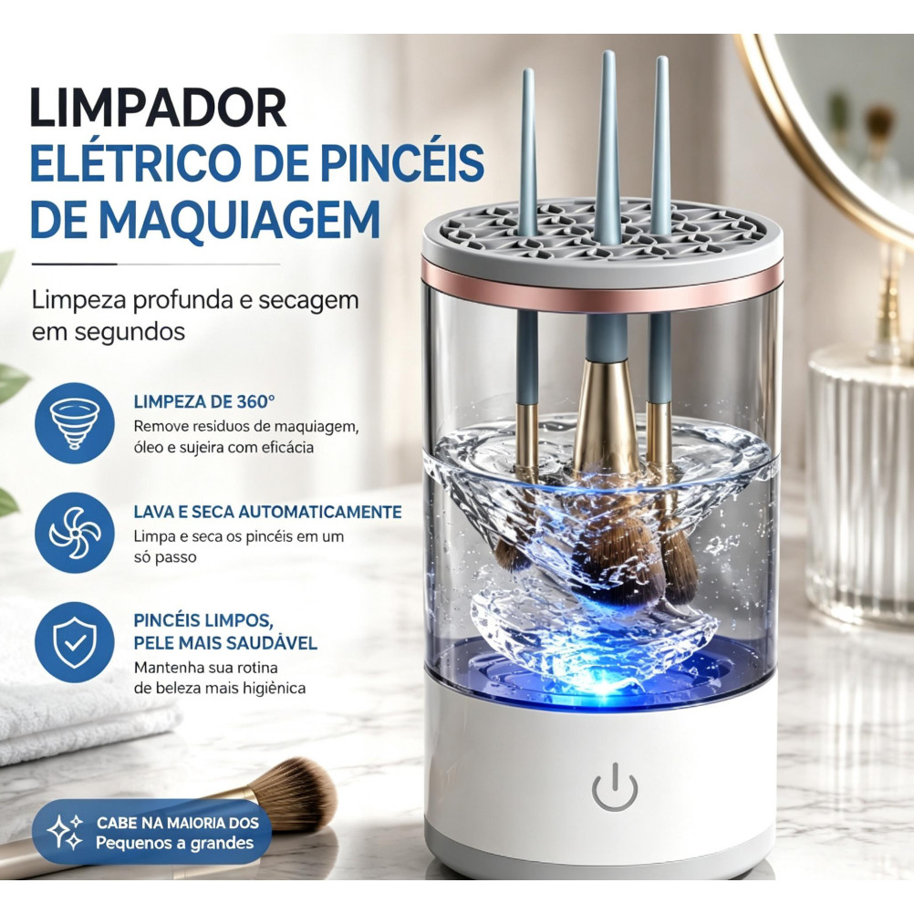 Limpador elétrico para pincéis de maquiagem limpeza rápida e secagem automática prático
