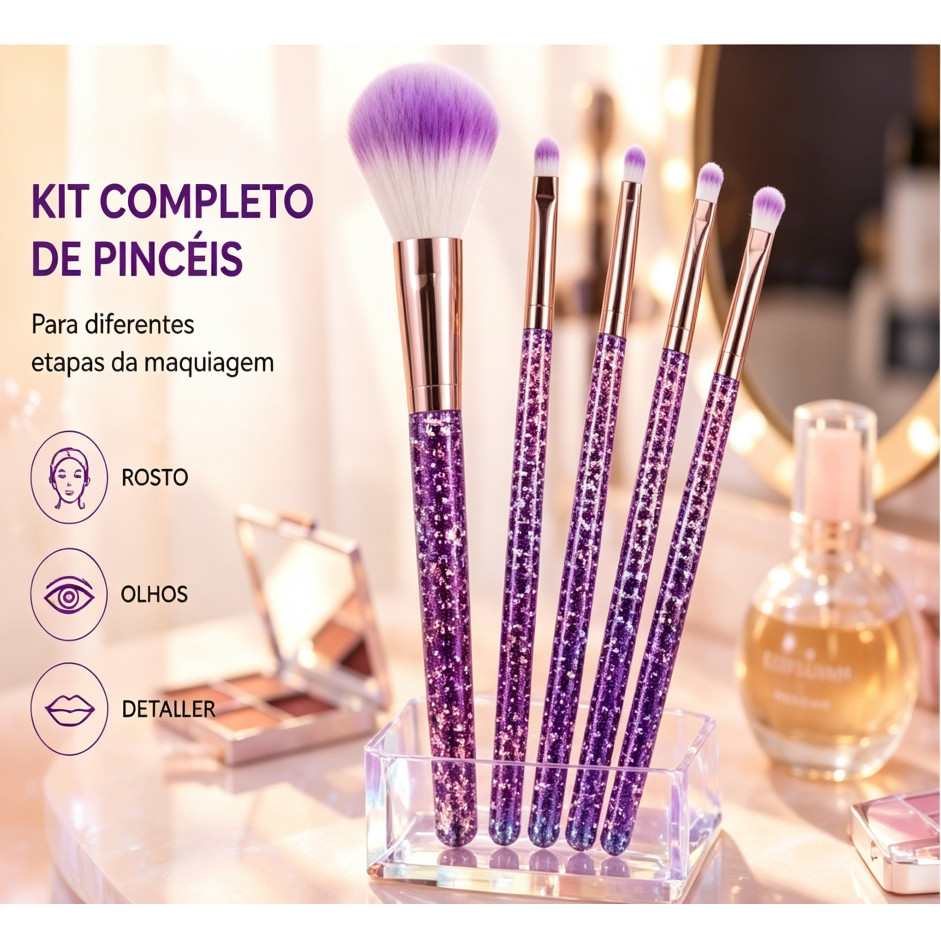 Kit 5 Pincéis De Maquiagem Cabo Roxo Brilhante Cerdas Macias