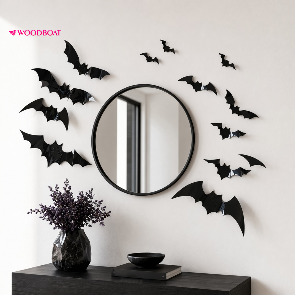 Halloween Wall Stickers Flat and 3d Set 12pcs Bat Decals Waterproof Black for Home Bedroom Room Decor Spooky Party