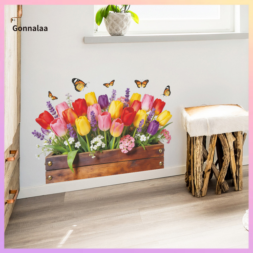 Waterproof Tulip Flower Wall Stickers Removable Peel Stick 3d Vinyl Decals with Butterfly Design for Bedroom Room Decor