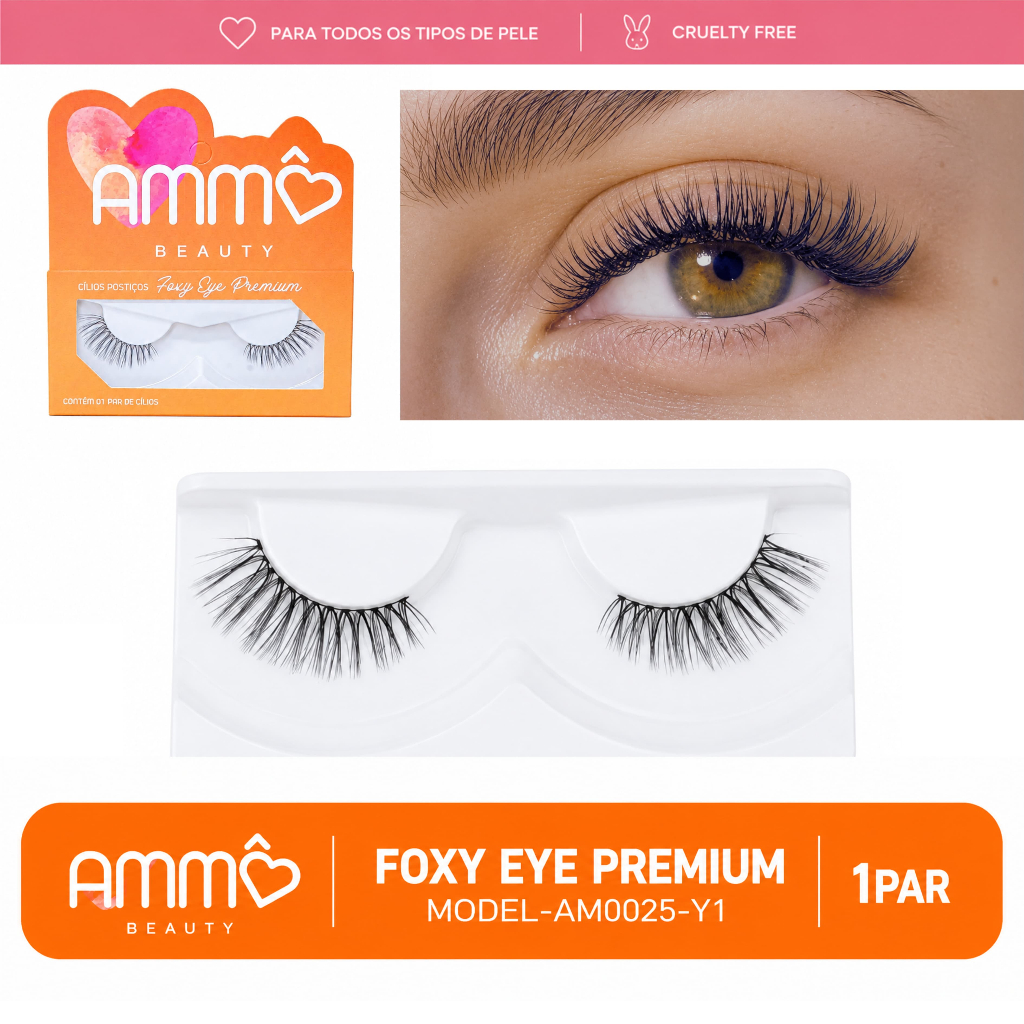 Cílios Postiços Reutilizáveis Foxy Eye Premium AM0025-Y1 1 Par Ammô Beauty Alongado Olhar Natural