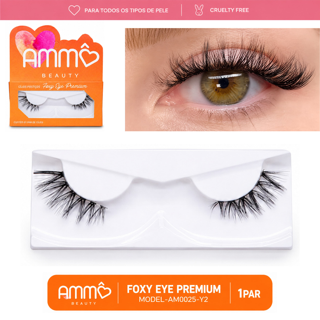 Cílios Postiços Reutilizáveis Foxy Eye Premium AM0025-Y2 1 Par Ammô Beauty Efeito Alongado Olhar