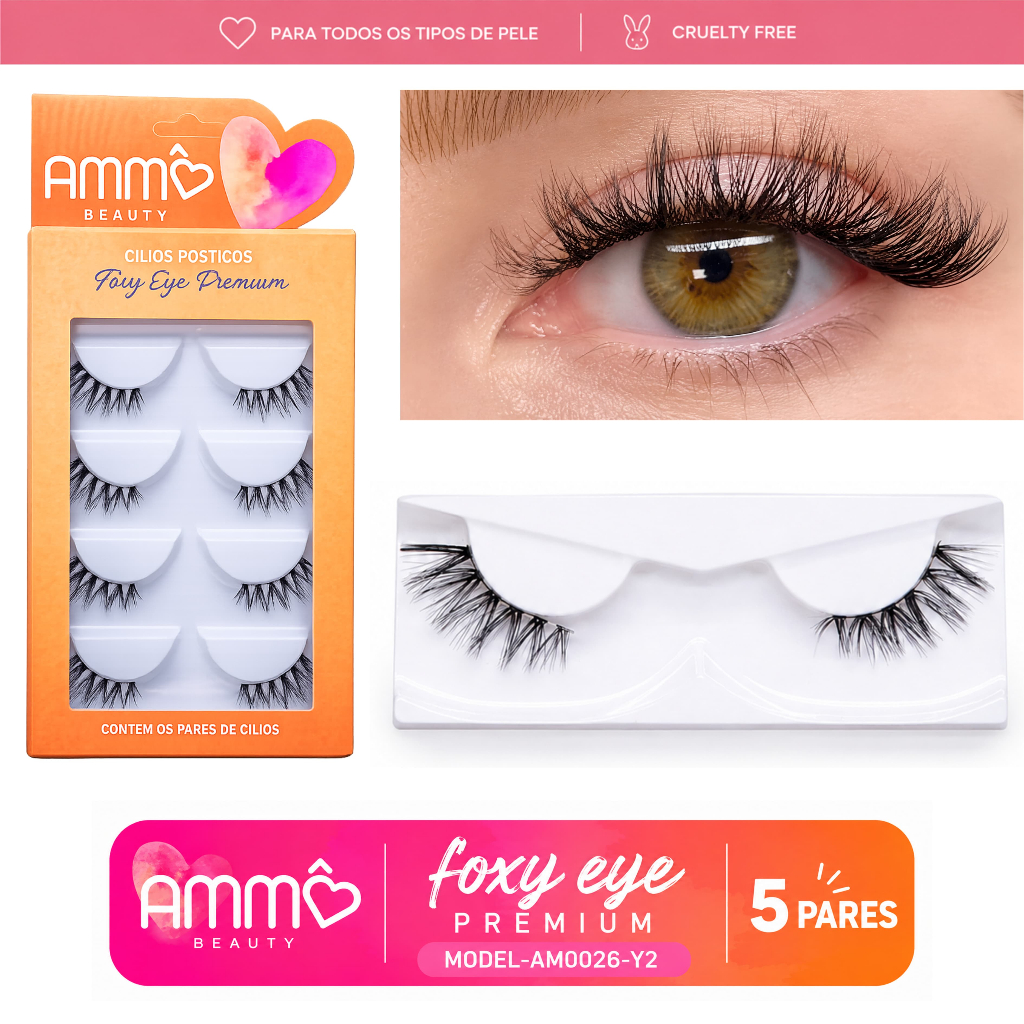 Cílios Postiços 5 Pares Reutilizáveis Foxy Eye Premium AM0026-Y2 Ammô Beauty Não Pesa o Olhar Kit
