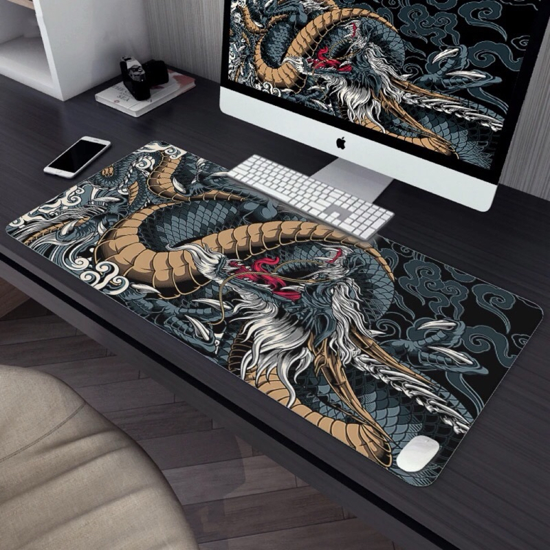 Mouse Pad Gamer Dragão Azul Speed Bordas Costuradas Extra Grande Prova Água Premium