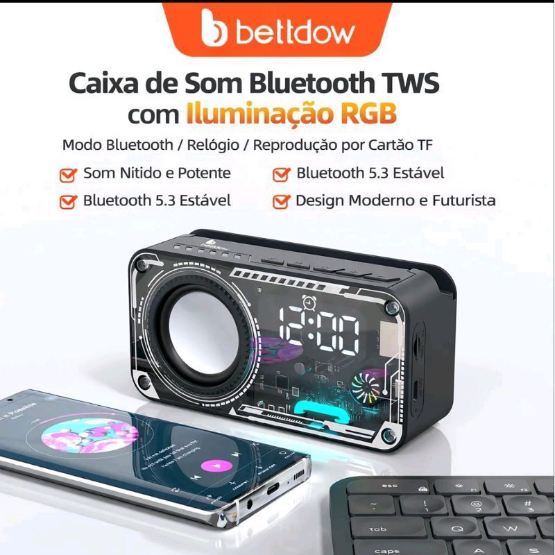 Caixa De Som Bluetooth Transparente Relogio LED RGB TWS Som Stereo Mecha Futurista Recarregavel USB