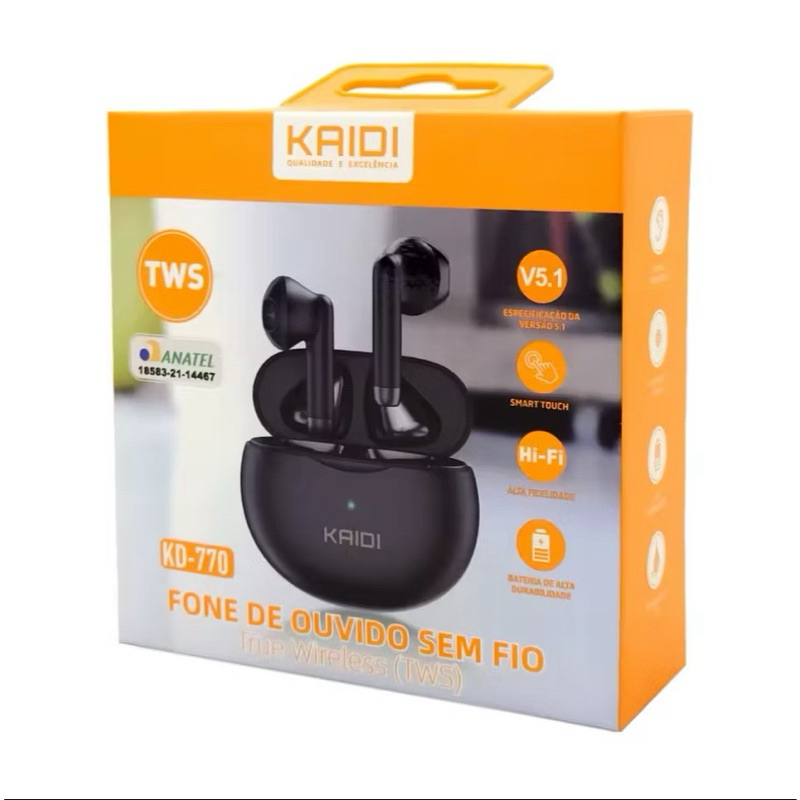 Fone de ouvido sem fio bluetooth 5.4 TWS kaidi KD-770 IPX4 prova agua