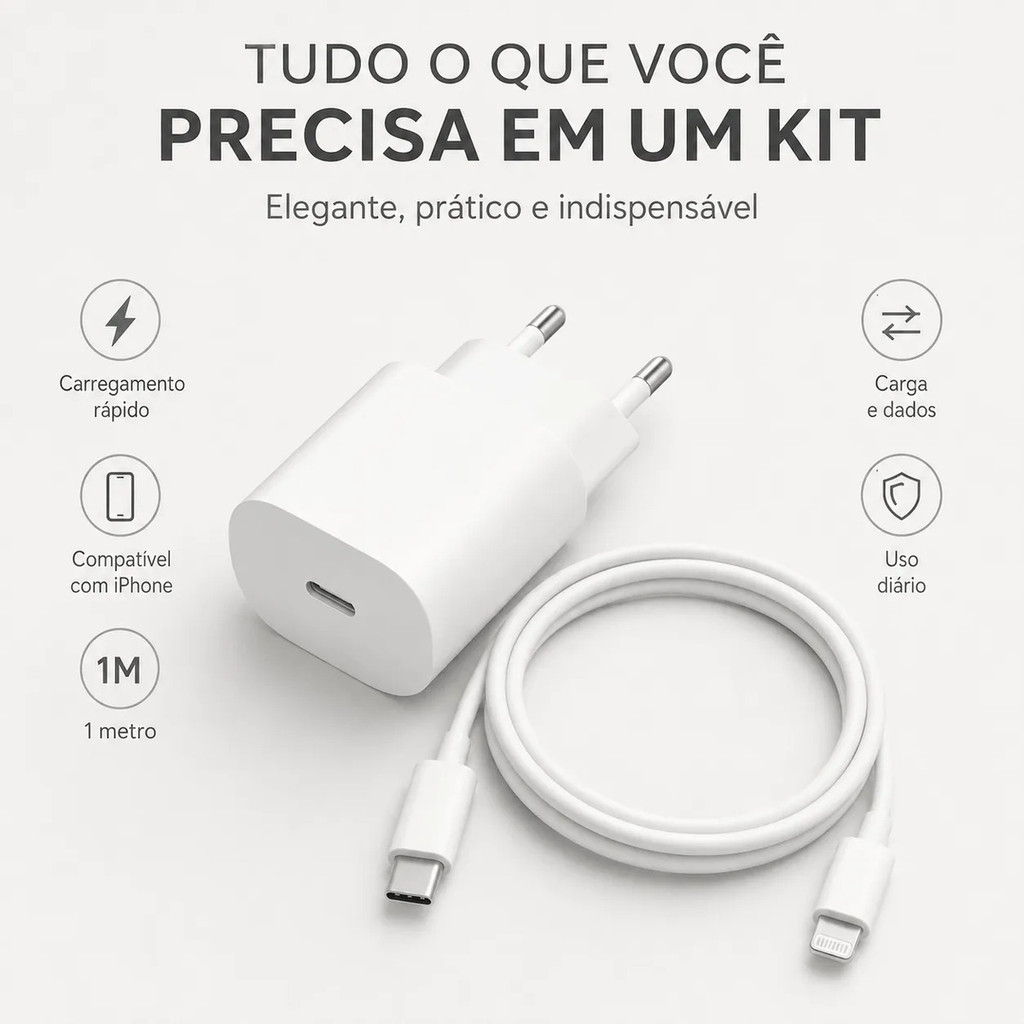 Fonte Carregador Turbo 20W USB C Seguro Cabo iPhone 14 13 12 11 X XR Carregamento Rápido