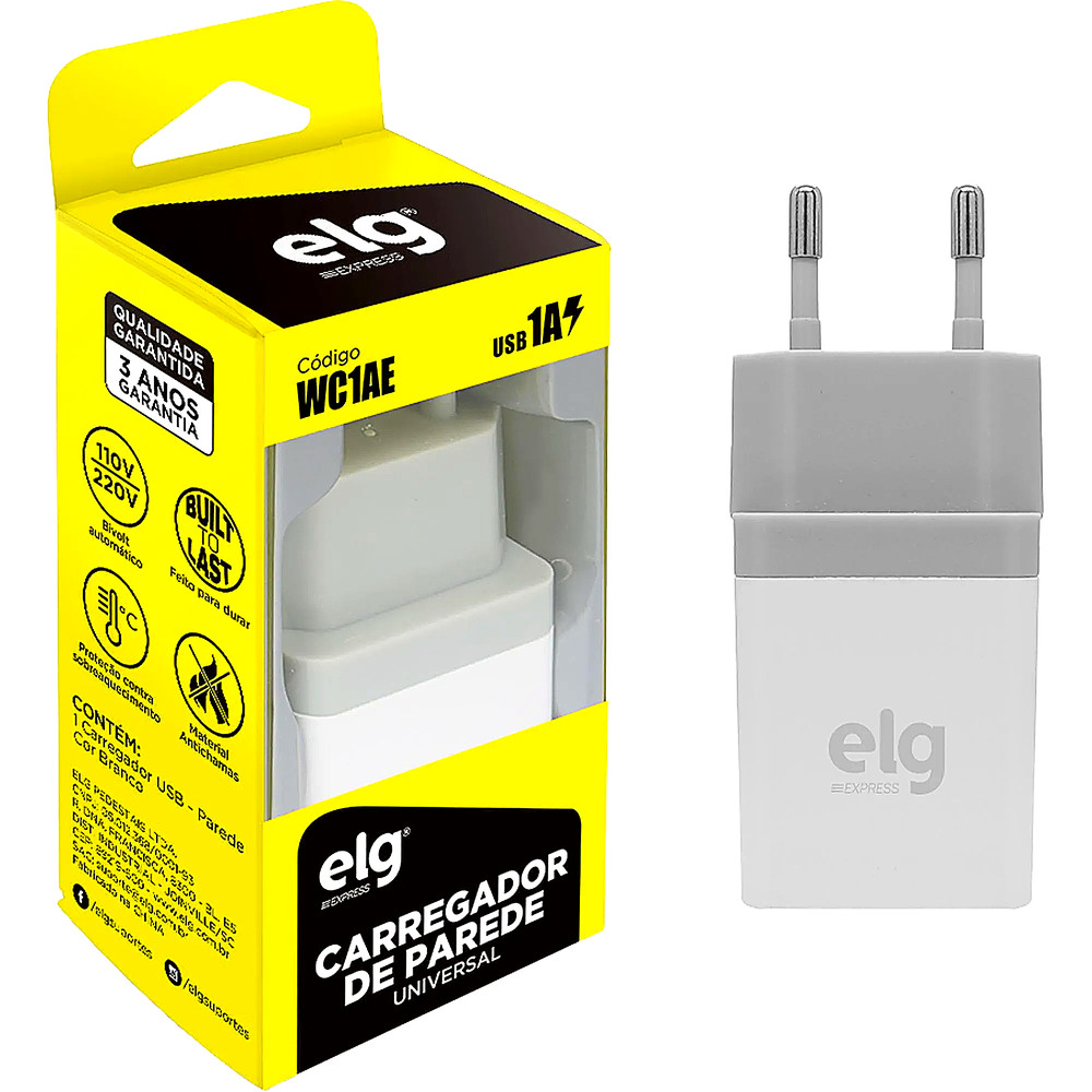 CARREGADOR PAREDE UUNIVERSAL WC1AE BRANCO 1 USB ELG BIVOLT