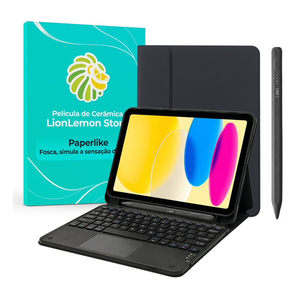 Kit Capa Preta Noir Luxe p/ iPad 10 e 11 + Teclado TouchPad Preto + Smart Pencil + Película Paperlike
