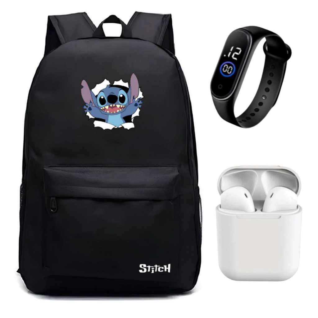 Mochila Escolar Stitch Grande Reforçada + Fone bluetooth + Relógio