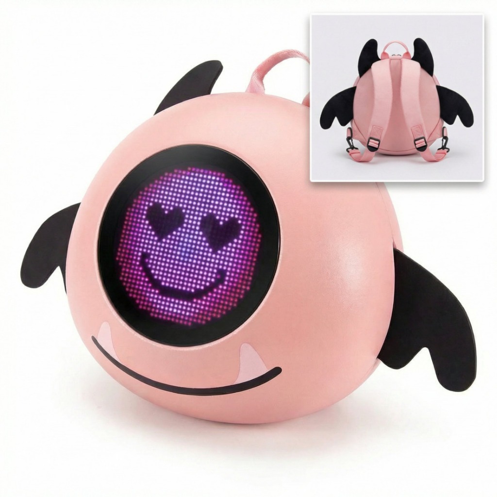 Mochila Infantil LED Monstrinho Rosa Escolar com Tela Digital Programável Bluetooth Confortável