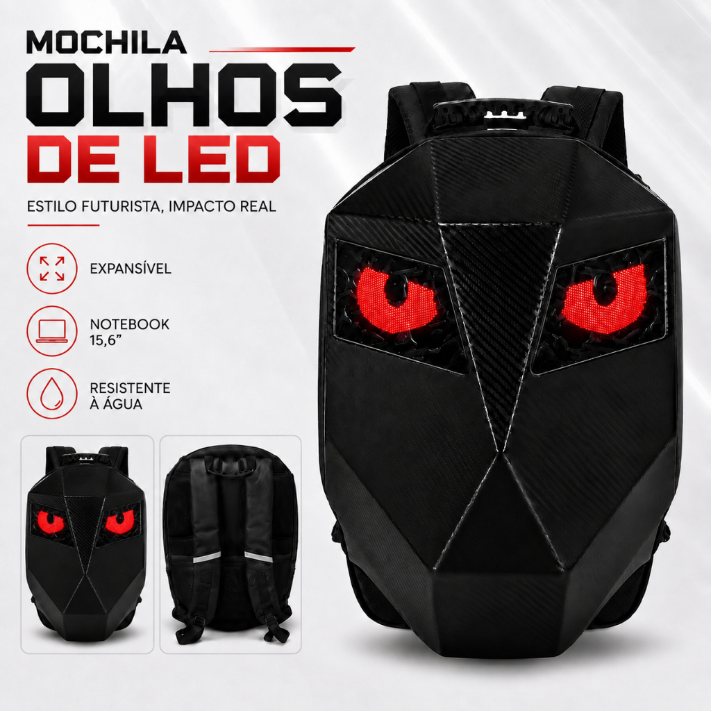 Mochila Motociclista Olhos LED Bluetooth Expansível Capacete Notebook 15,6 USB Resistente à Água