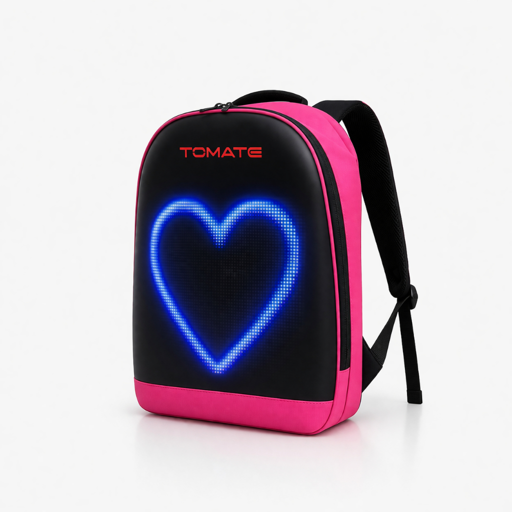 Mochila de viagem inteligente com conexão Bluetooth e tela de LED personalizável.