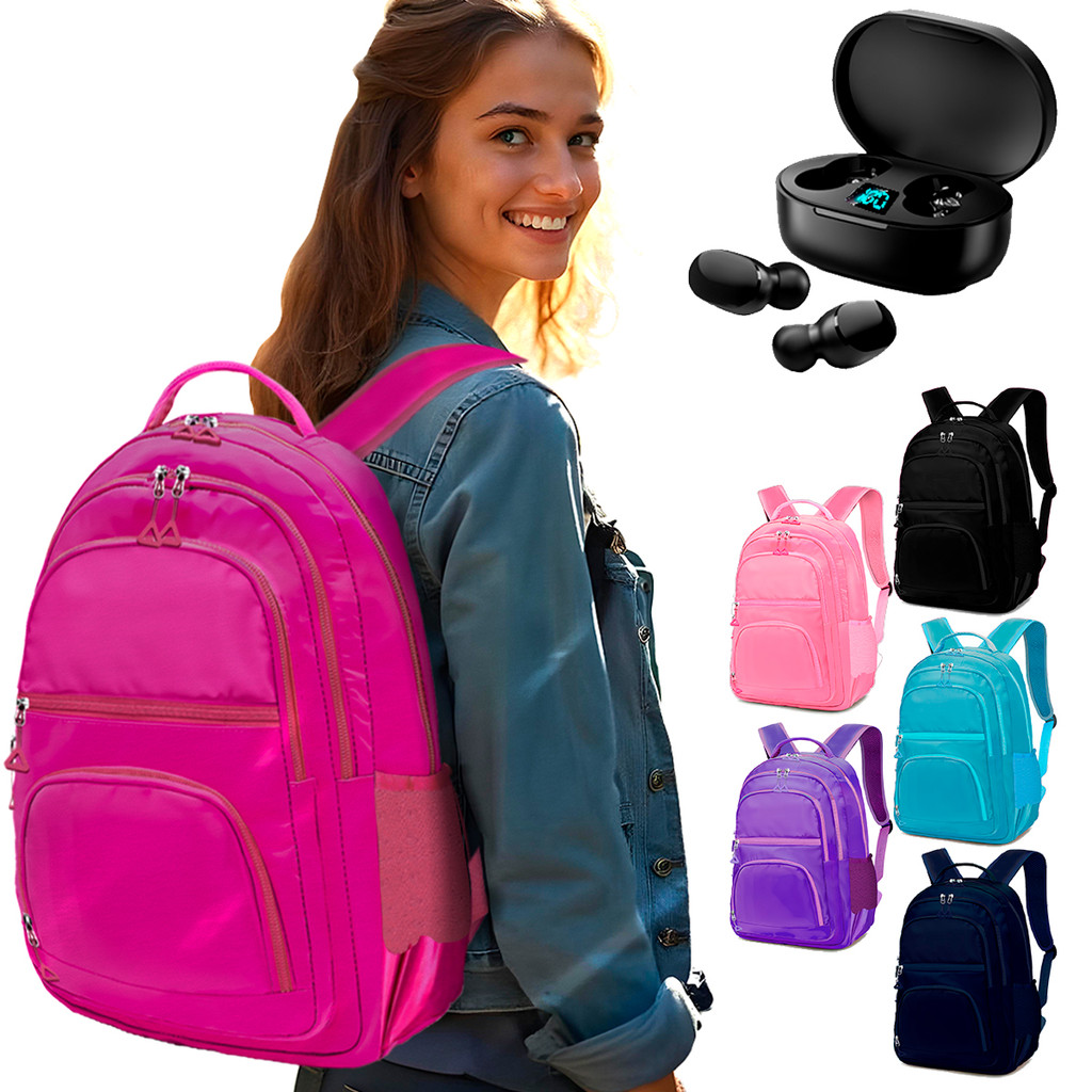 Kit Mochila Grande Escolar Passeio Moderno + Fone De Ouvido Bluetooth