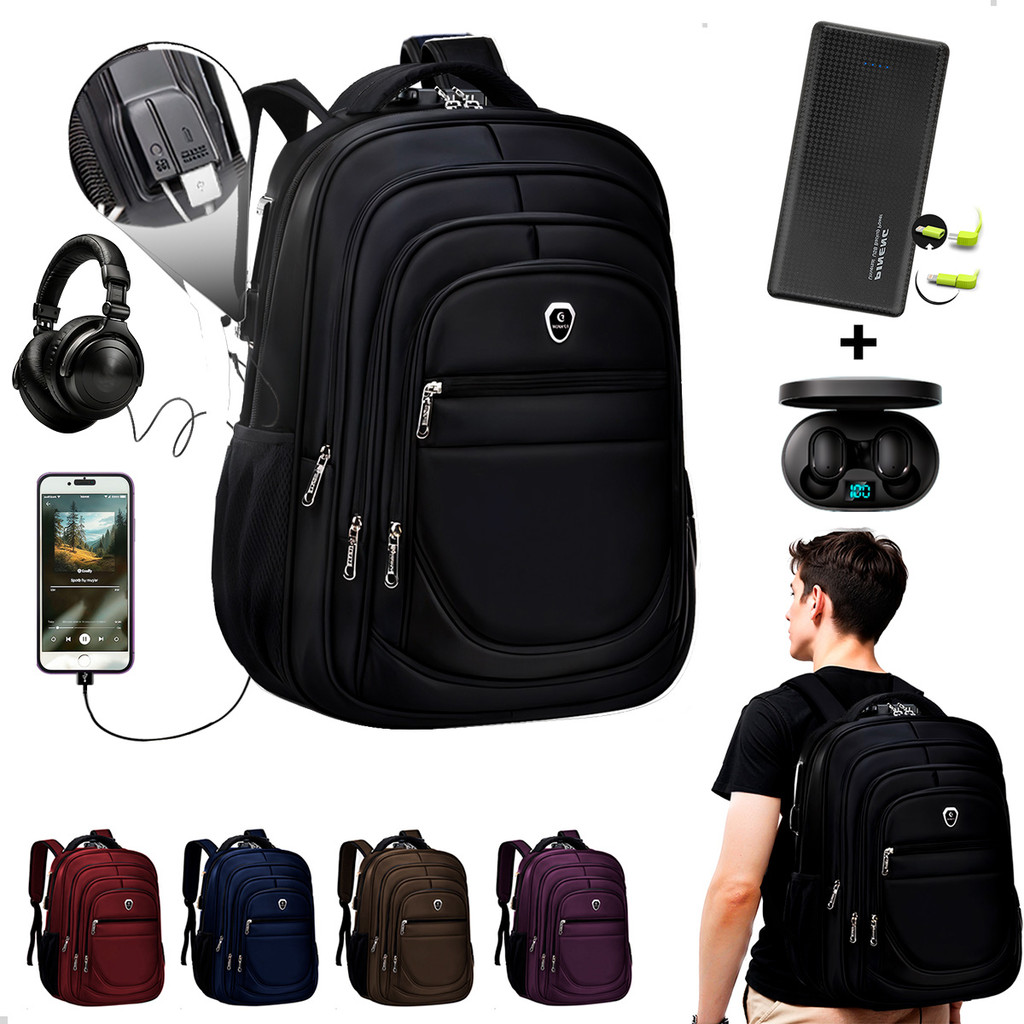 Kit Mochila Executiva Trabalho Saida USB + Carregador Portátil + Fone De Ouvido Bluetooth