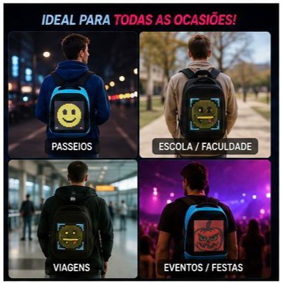 Mochila LED Bluetooth com Displey Digital Personalizavel Unissex Preta,Prova d´Agua Moderna