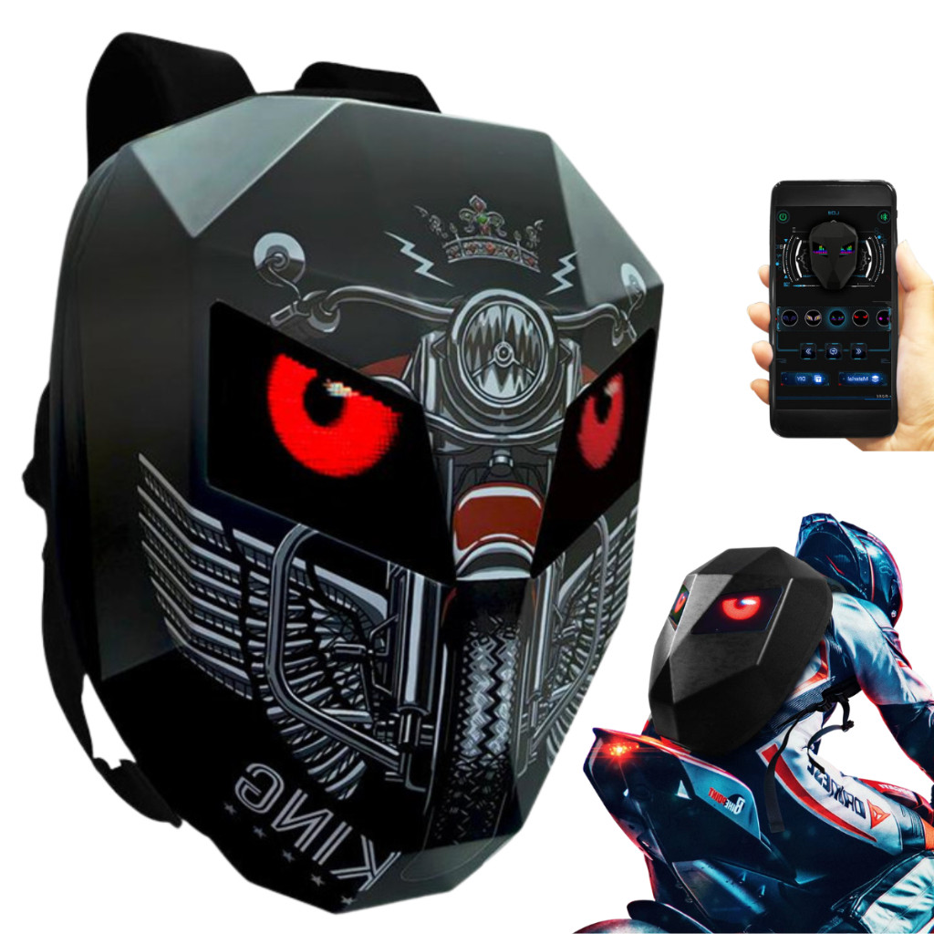 Mochila com olhos led bluetooth para moto capacete impermeaveal dura resistente espaçosa inteligente