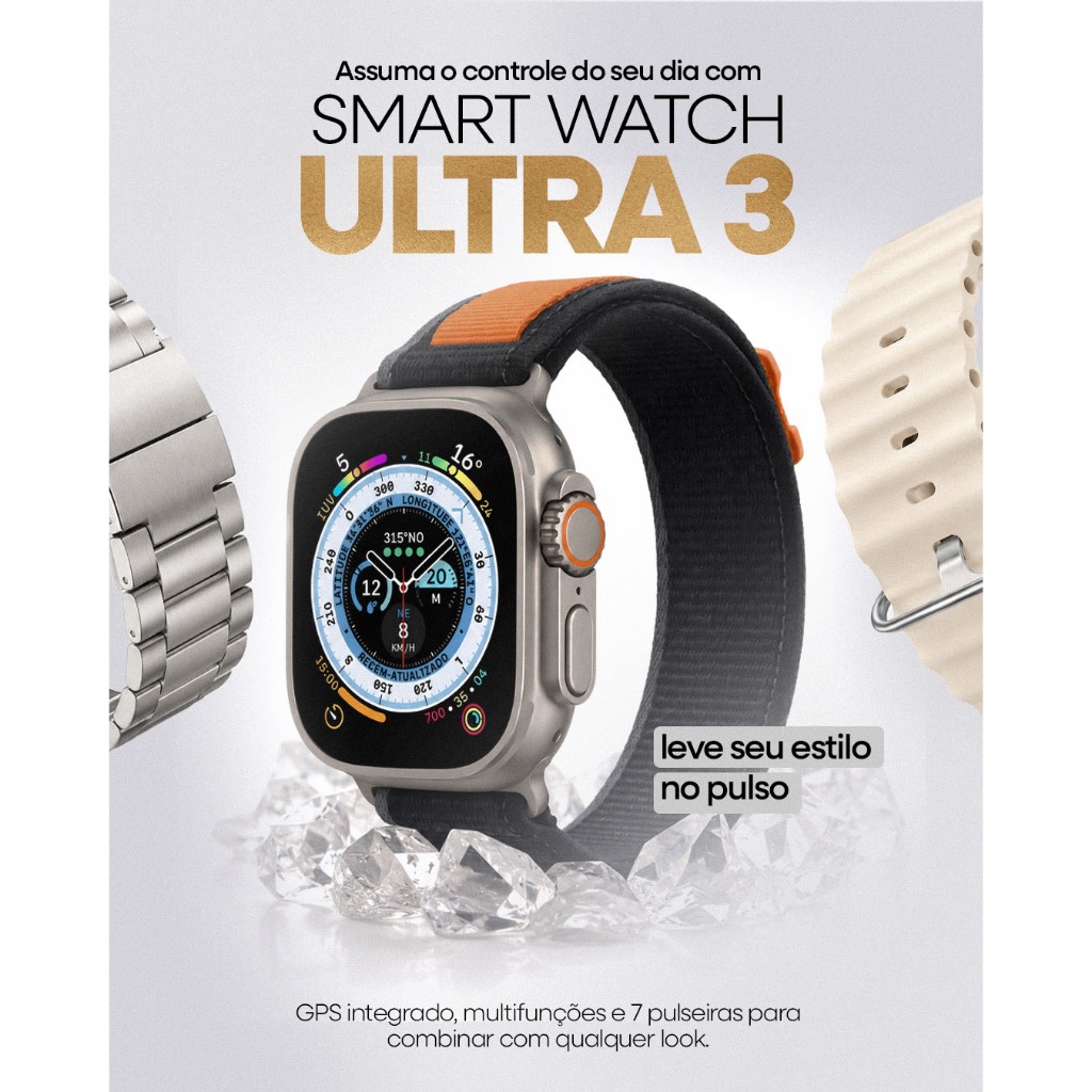 Smart Watch Ultra 3 Relógio Inteligente Com 7 Pulseiras Linha Premium Skaiky