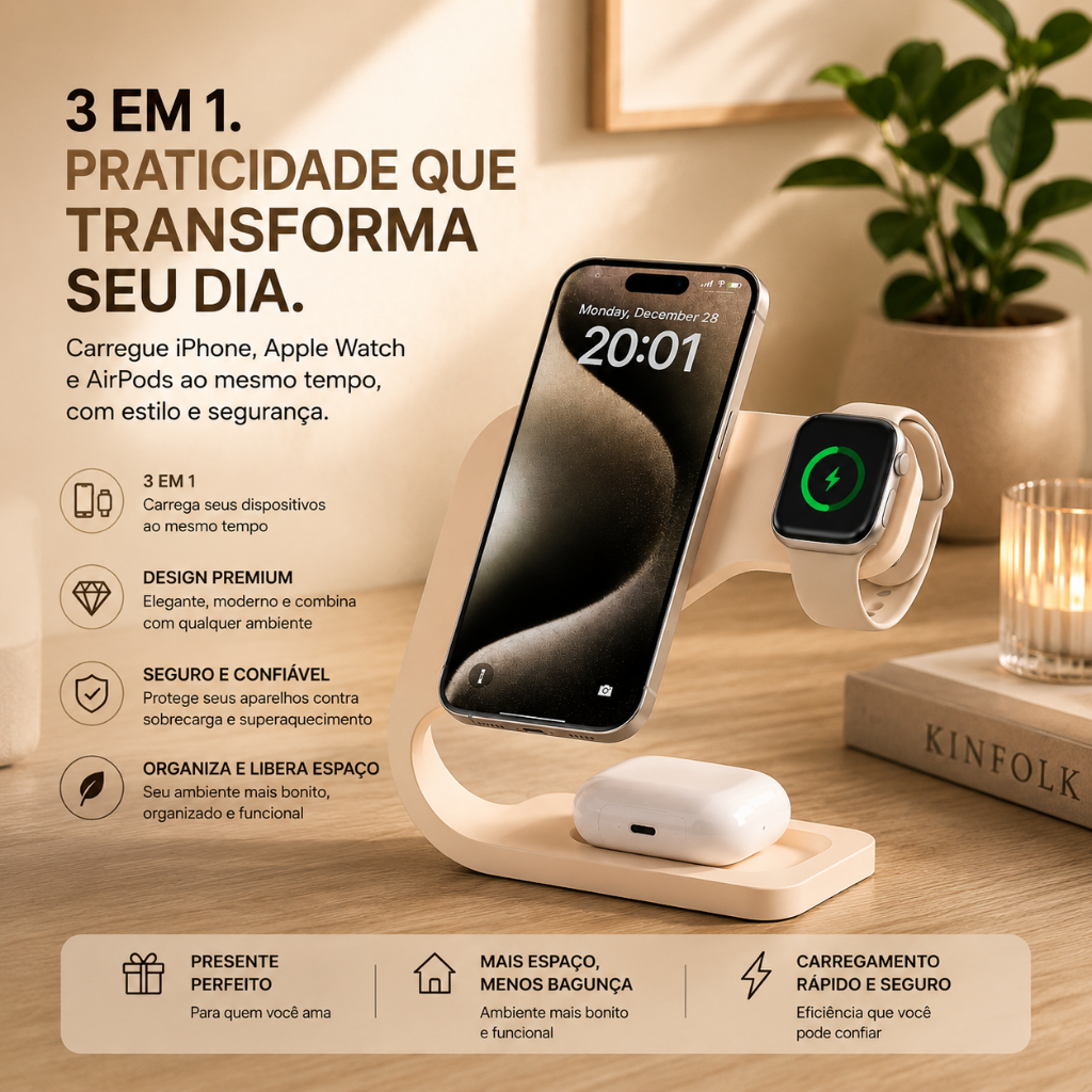Suporte Organizador 3 em 1 para Celular, Smartwatch e Fone | Base de Mesa Premium Resistente | Decoração e Organização.
