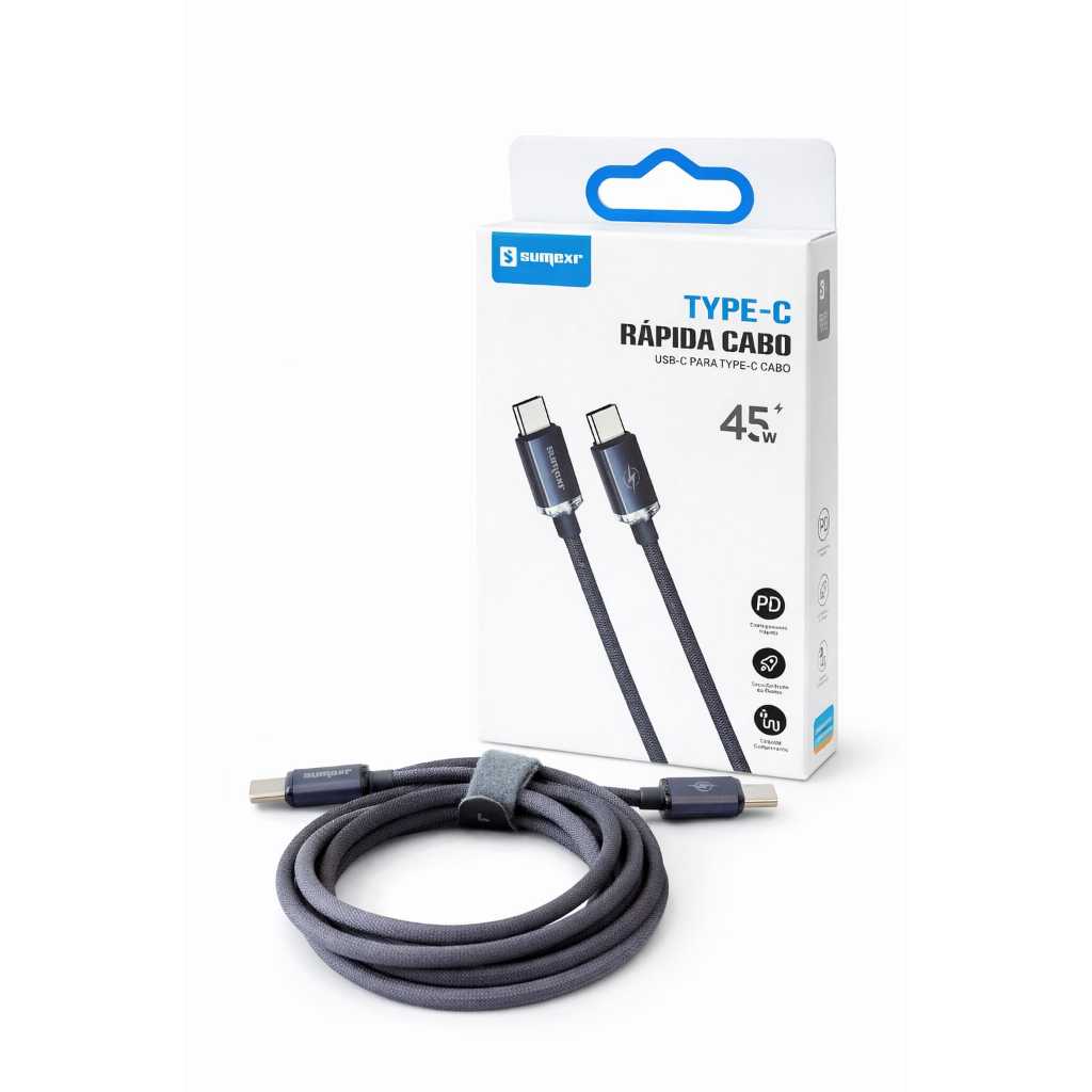 Cabo USB-C Tipo C Sumex 45W 1,2m Carregamento Rápido Pd Reforçado Compatível com Celular Tablet e Notebook